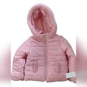 Girls Pink Sherpa Trim Hooded Puffer Jacket